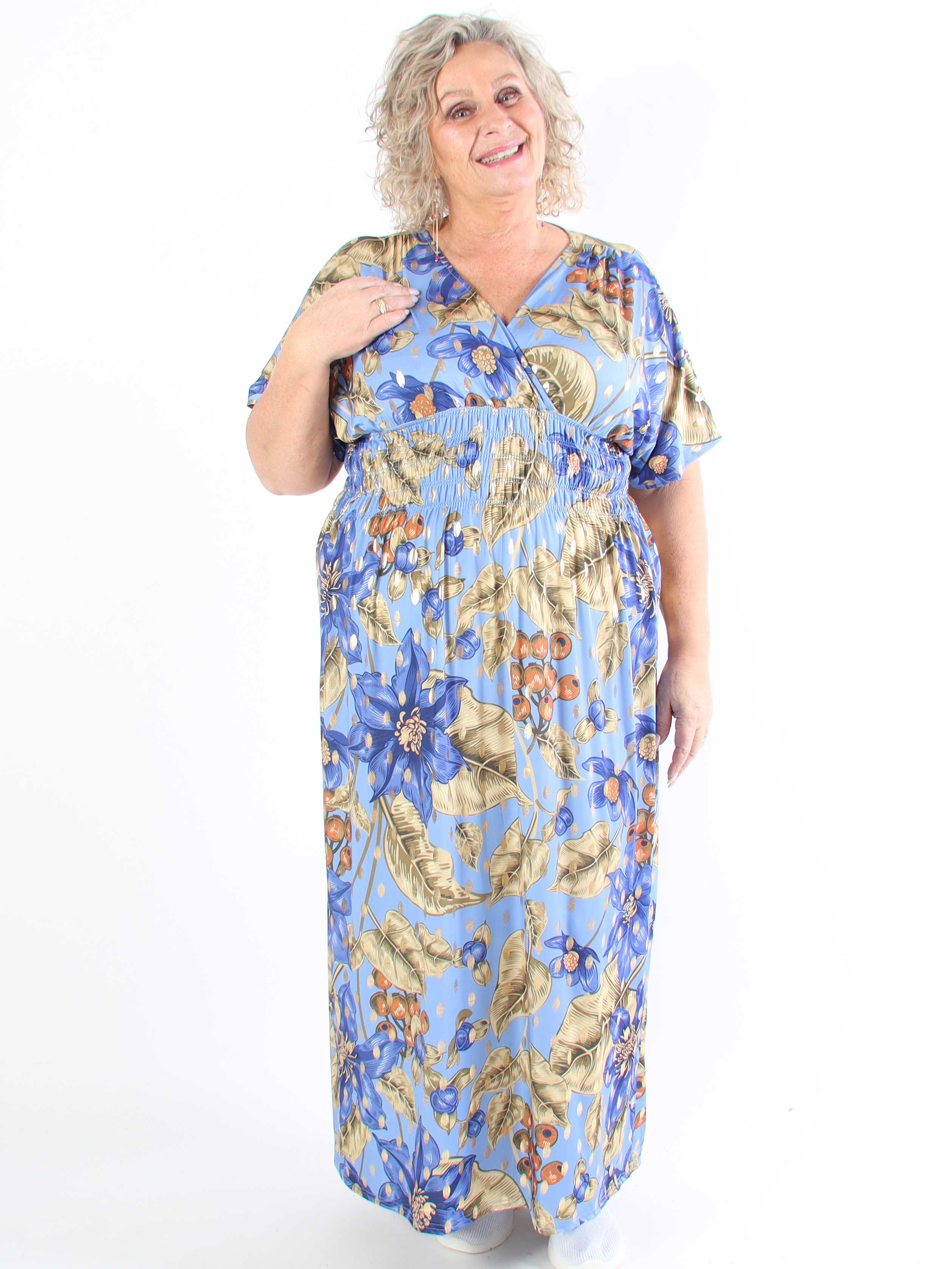 Pams Berry - Lang plus size elastisk kjole med smock i livet